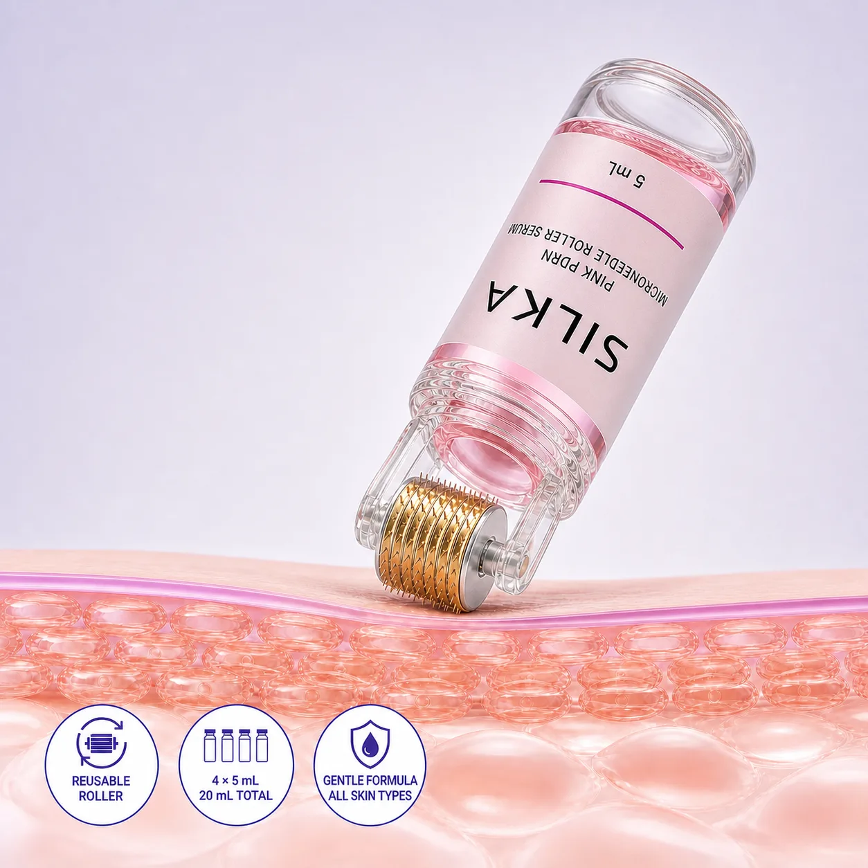 The Silka bottle tipped roller down onto an illustration of skin, its label reading Pink PDRN Microneedle Roller Serum, 5 ml, with the gold microneedle roller head against the surface